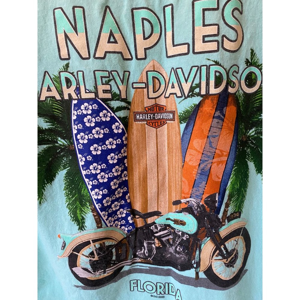 Harley-Davidson Naples light blue green t-shirt surfboards motorcycle men L‎